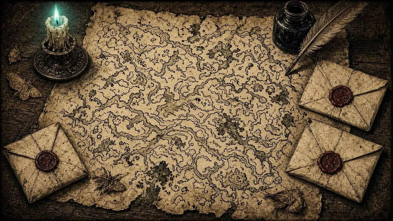 An old map on a desk, a candle, an inkwell, and three wax-sealed letters.
