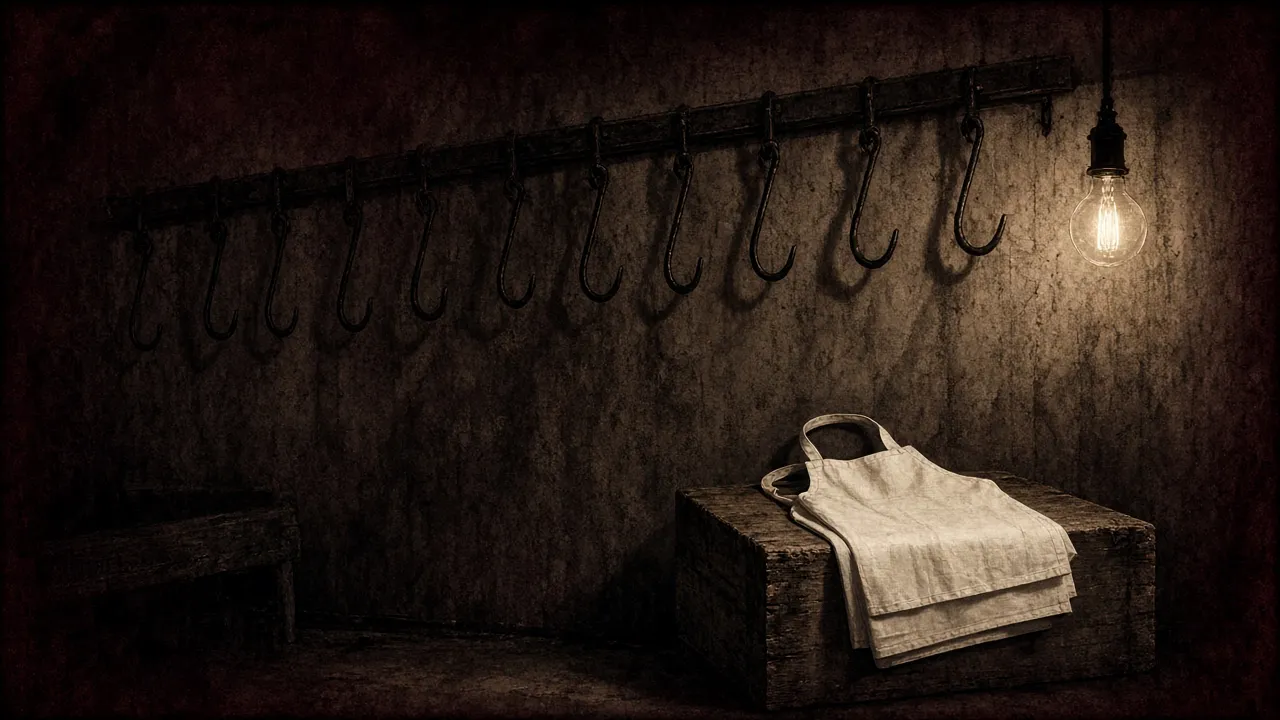 Sepia illustration of a row of empty iron hooks on a rail in a dim cold room, with a folded white apron on a wooden block under a single bare bulb.