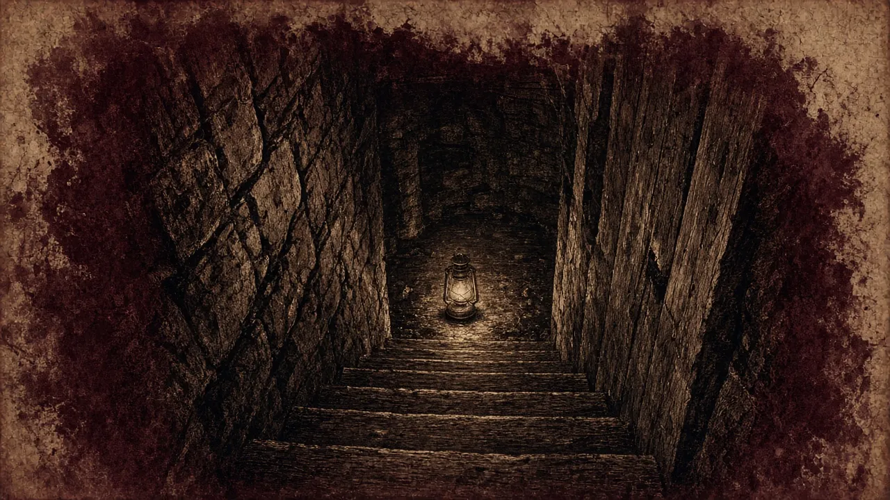 Sepia illustration of a steep wooden staircase leading down into a dark stone cellar with a lantern glowing at the bottom.