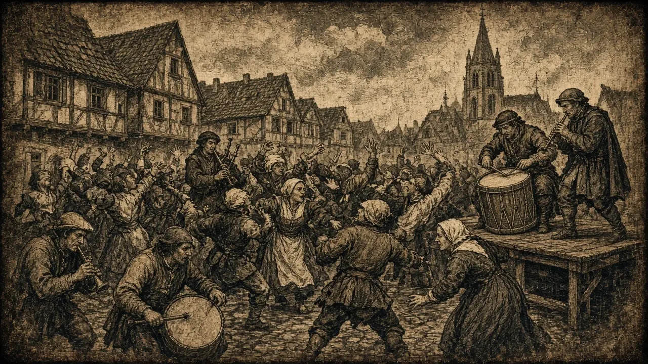 Sepia woodcut-style scene of a crowd dancing frantically in a medieval town square while musicians play on a wooden platform.