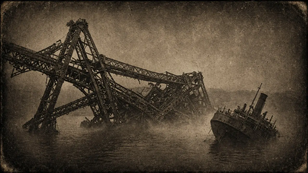 Sepia scene of a collapsed iron girder bridge over dark water with a listing steamship nearby.