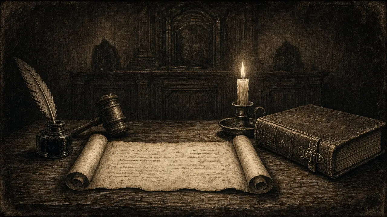 Sepia scene of a candle-lit desk with a heavy book, a scroll, a quill and a gavel.