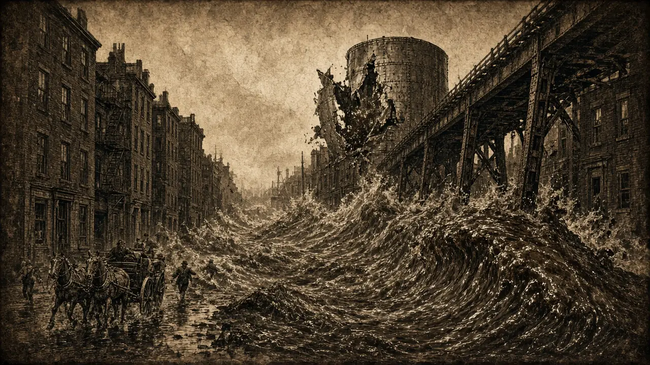 Sepia engraving-style scene of a thick dark wave surging down a city street past brick buildings and an elevated railway.